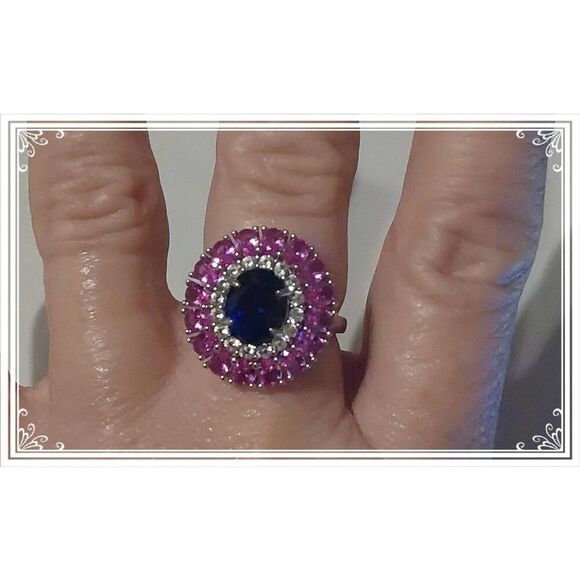 Stunning 5.54 Ct. Oval & Round Lab Blue~Pink & White Sapphire Gemstone Ring #8 - Picture 3 of 5